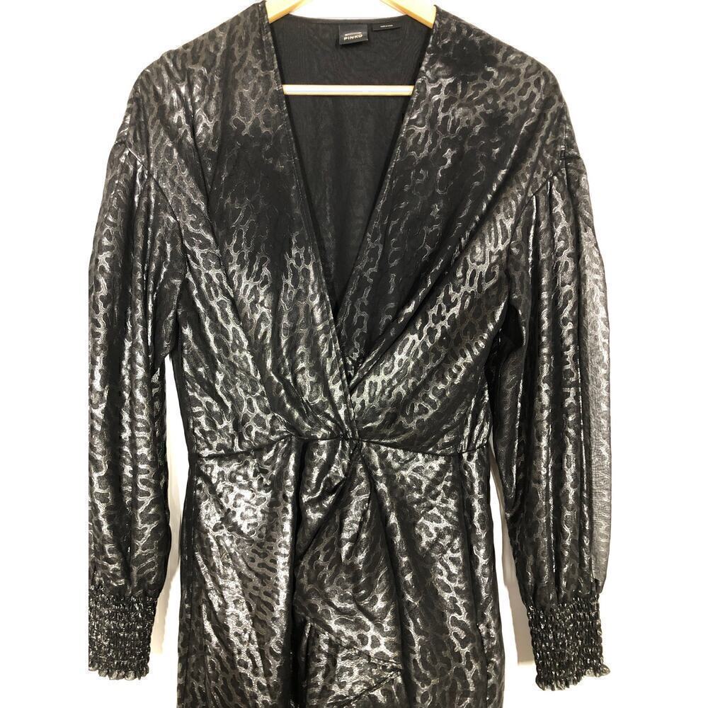 PINKO Cachaca 2 Faux Wrap Dress Leopard Print Long Sleeve Mini Silver Size 10 - Picture 8 of 13
